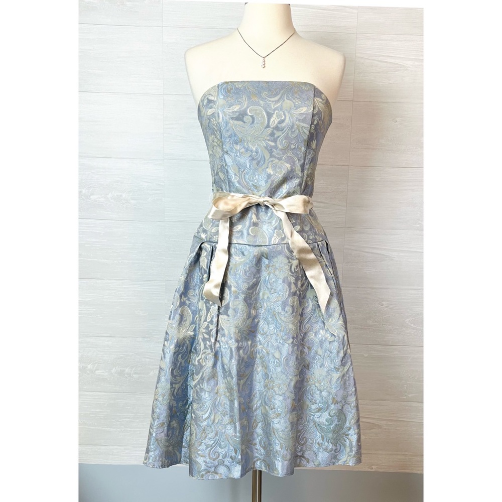 Vintage 90's Jessica McClintock Blue Brocade Jacquard Strapless Dress Size 6 - Picture 7 of 13